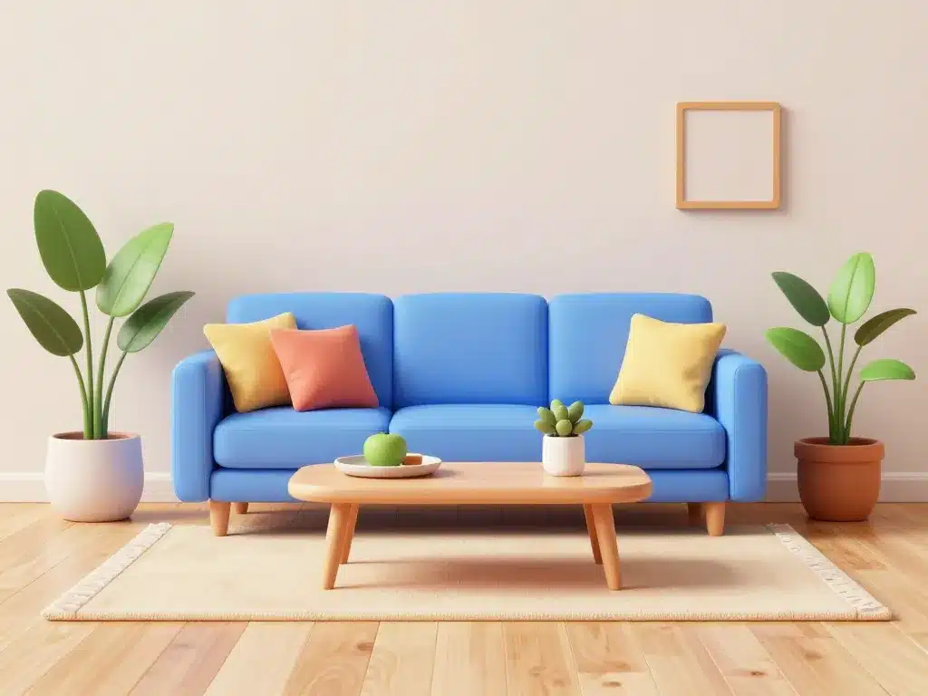 Salon canape bleu harmonieux, murs neutres, accessoires assortis