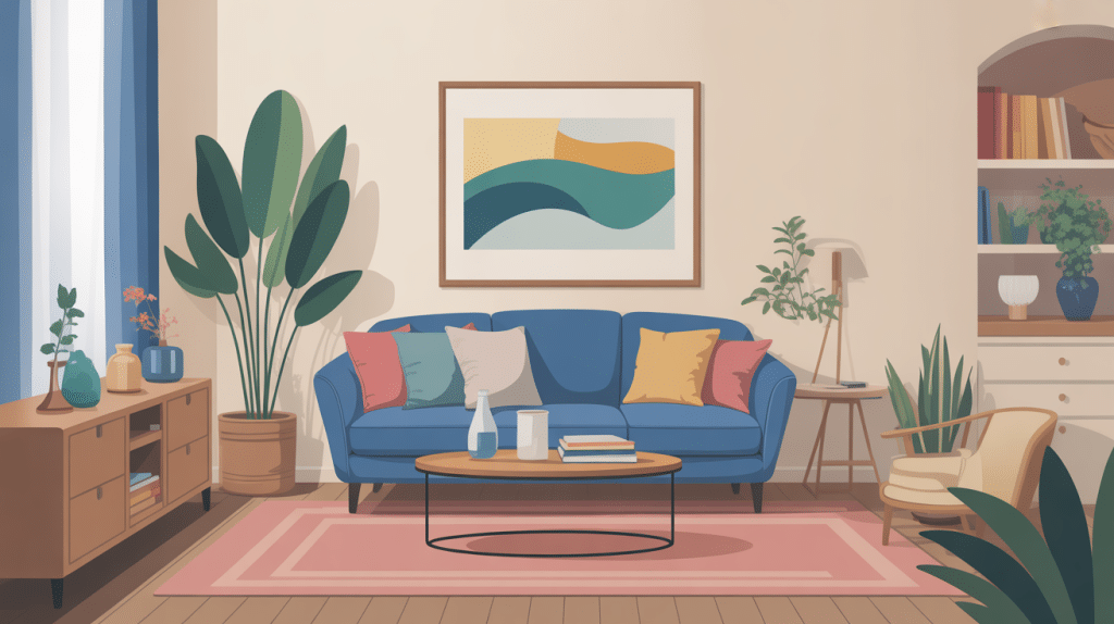 Salon canape bleu moderne et chaleureux, ambiance epuree