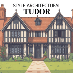 Vue extérieure maison style architectural Tudor avec pans de bois et toiture pentue