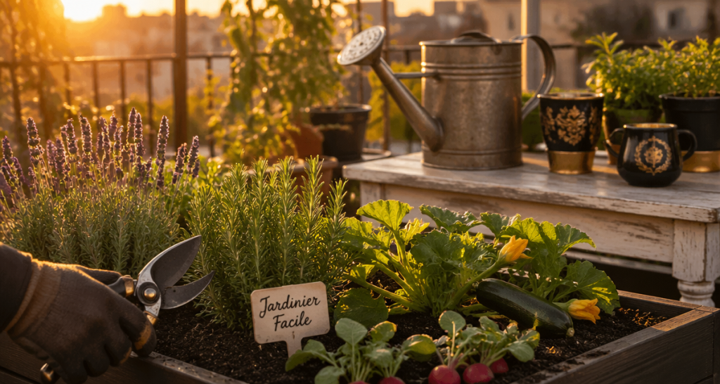 jardinier facile dans un jardin urbain avec outils et plantes
