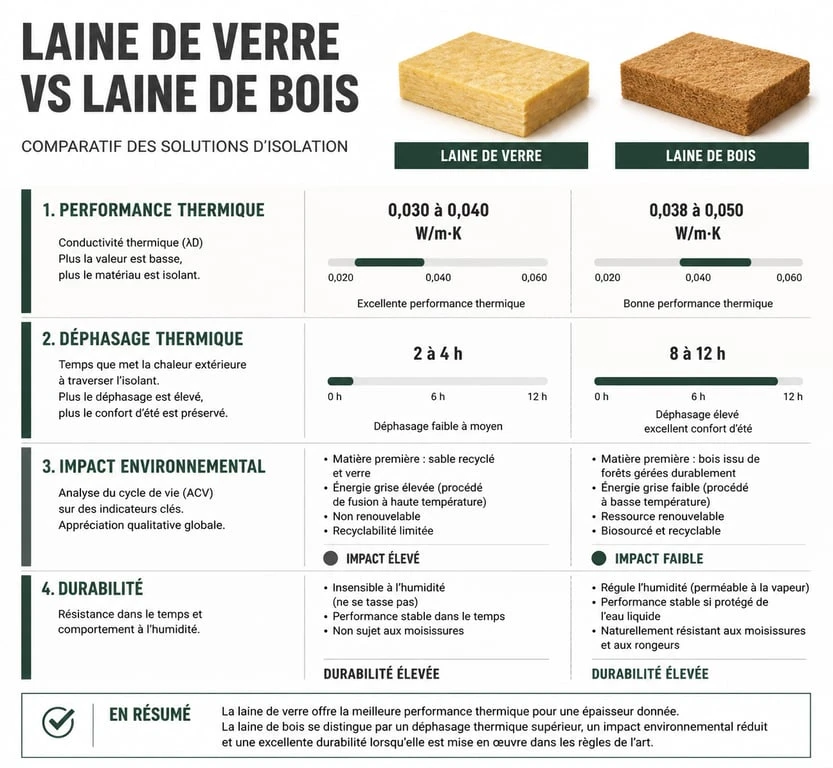 Infographie comparative : laine de verre vs laine de bois pour l'isolation thermique