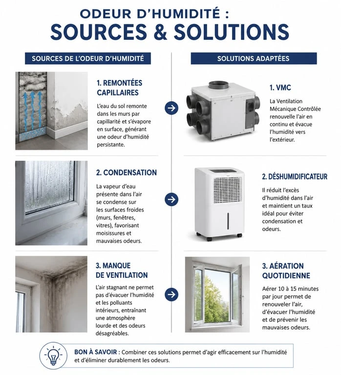 Infographie des causes et solutions pour éliminer l'odeur d'humidité dans une maison