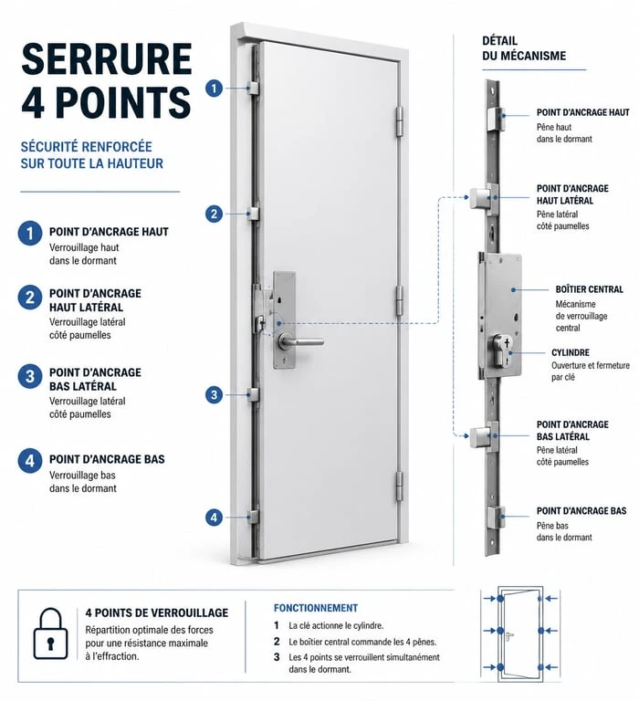 Schéma technique du fonctionnement d'une serrure 4 points pour porte d'entrée