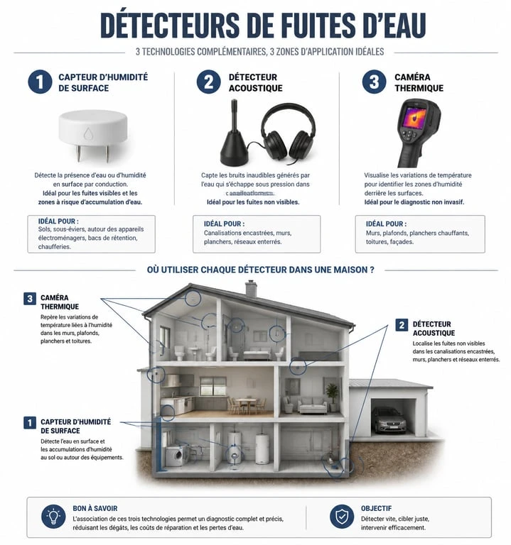 Infographie comparative des technologies de détecteur de fuites d'eau pour la maison