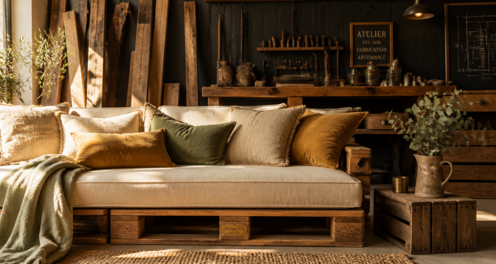 fabriquer meuble palette banquette bois coussins