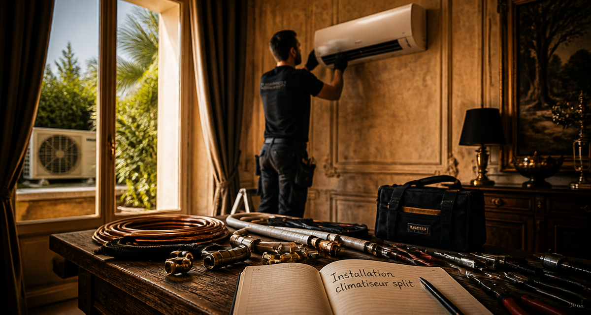 installation climatiseur split par technicien salon