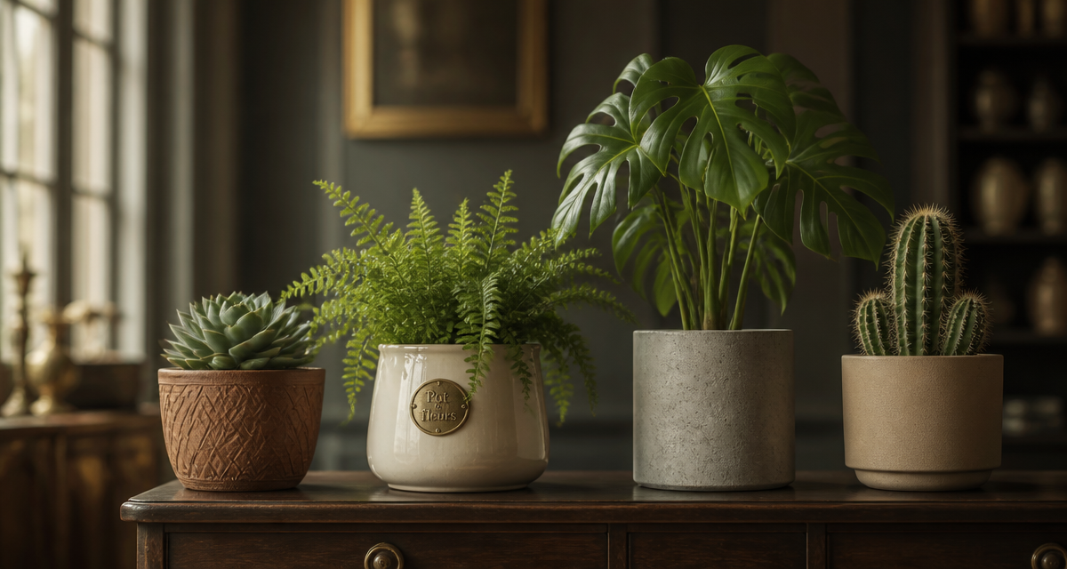 Pot de fleurs en terre cuite, céramique, béton et plastique sur console
