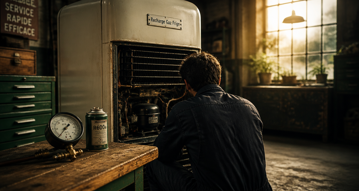 technicien recharge en gaz frigo sur réfrigérateur ancien