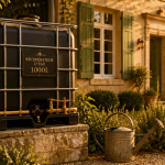 récupérateur d'eau 1000L sur socle maçonné dans jardin luxuriant