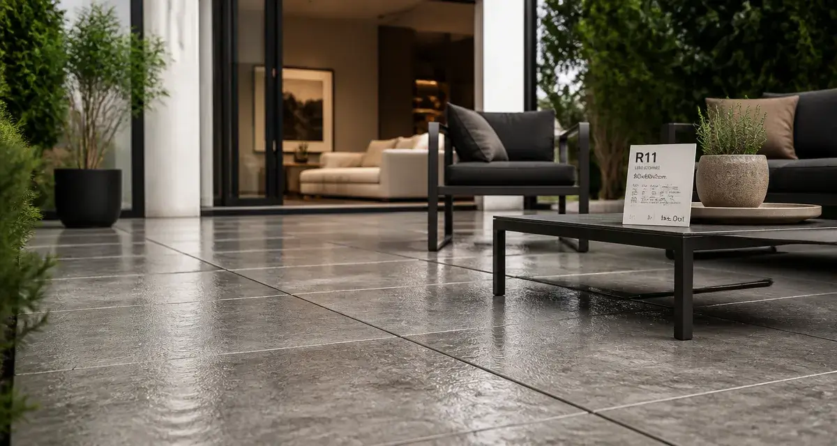 Carrelage terrasse moderne : dalles grès cérame R11 antidérapantes