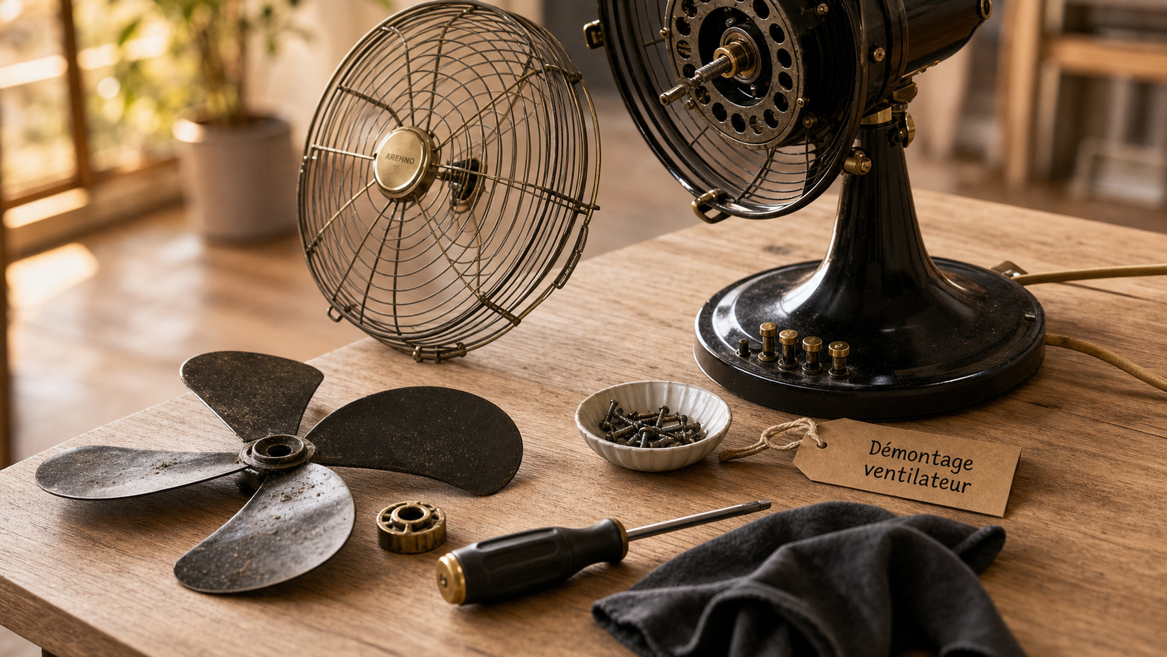 Comment demonter un ventilateur sur pied : grille ouverte et visserie