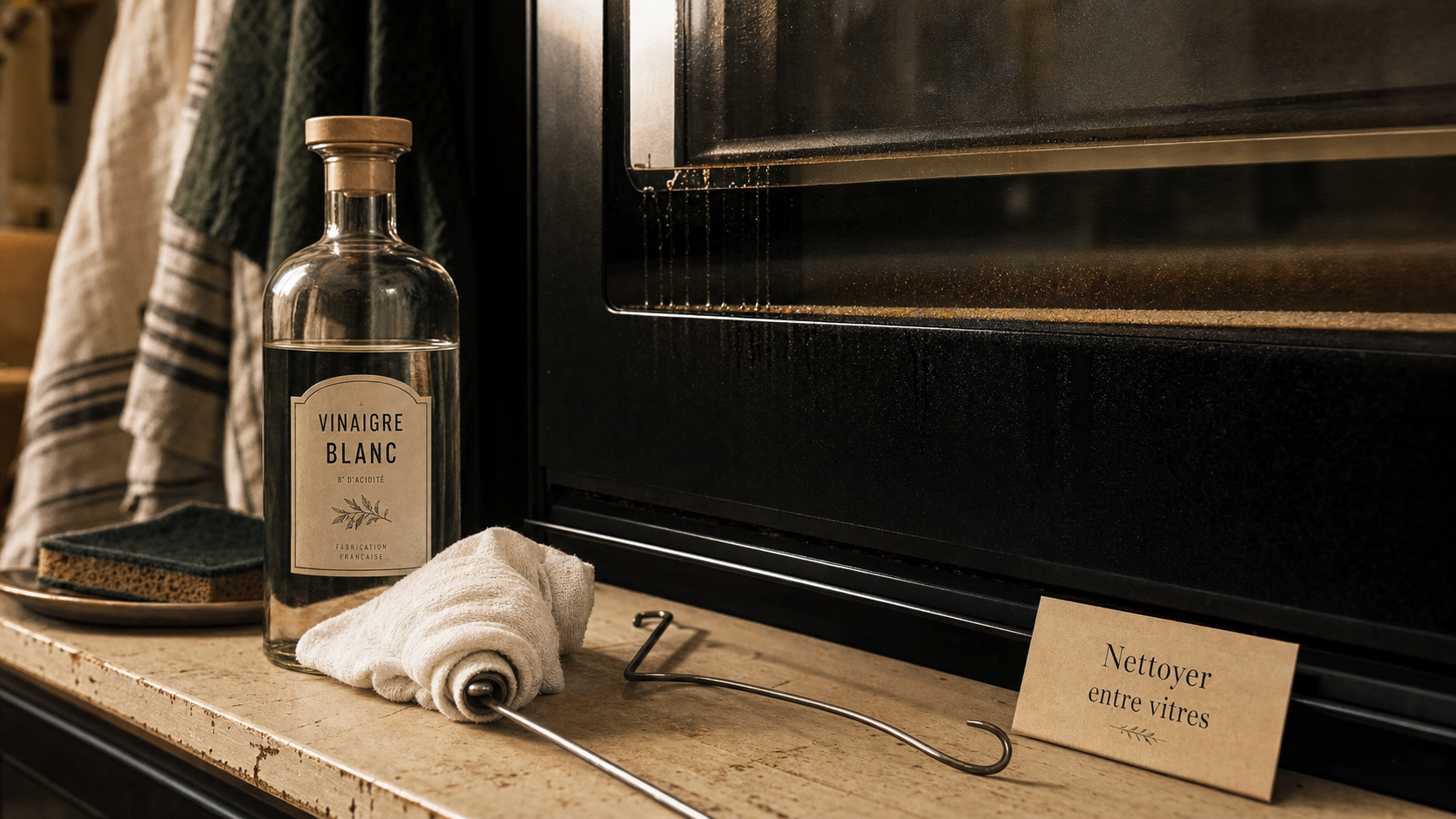 Comment nettoyer la porte du four entre les 2 vitres : vinaigre et microfibre pour enlever la graisse