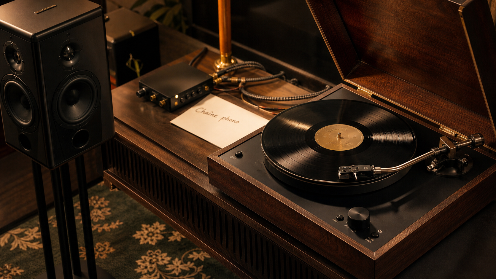 Enceinte pour platine vinyle avec platine, enceintes et préampli phono