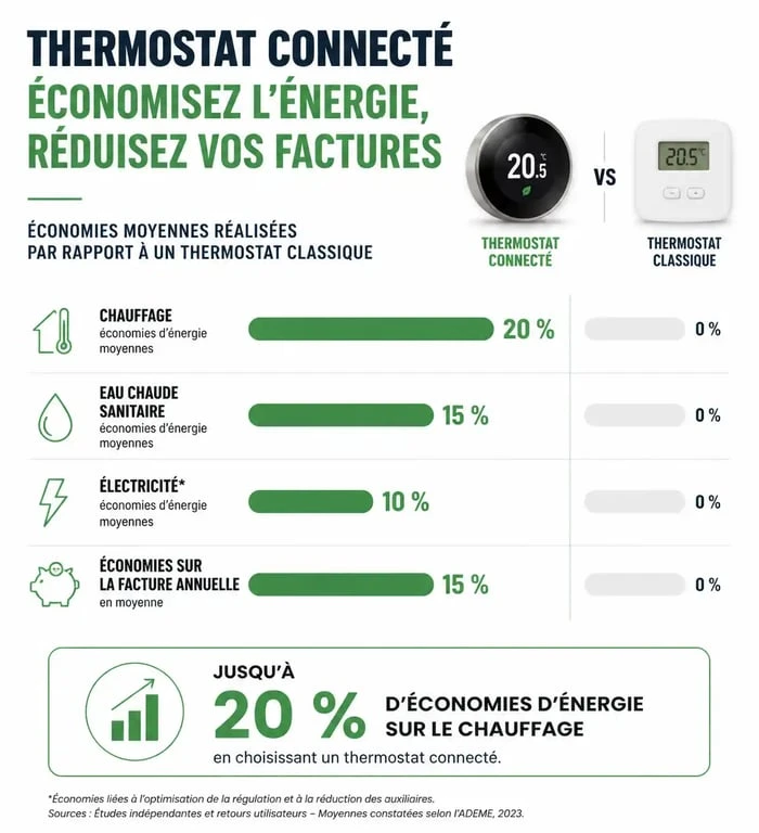Infographie des économies d'énergie avec un thermostat connecté pour avis et comparatif