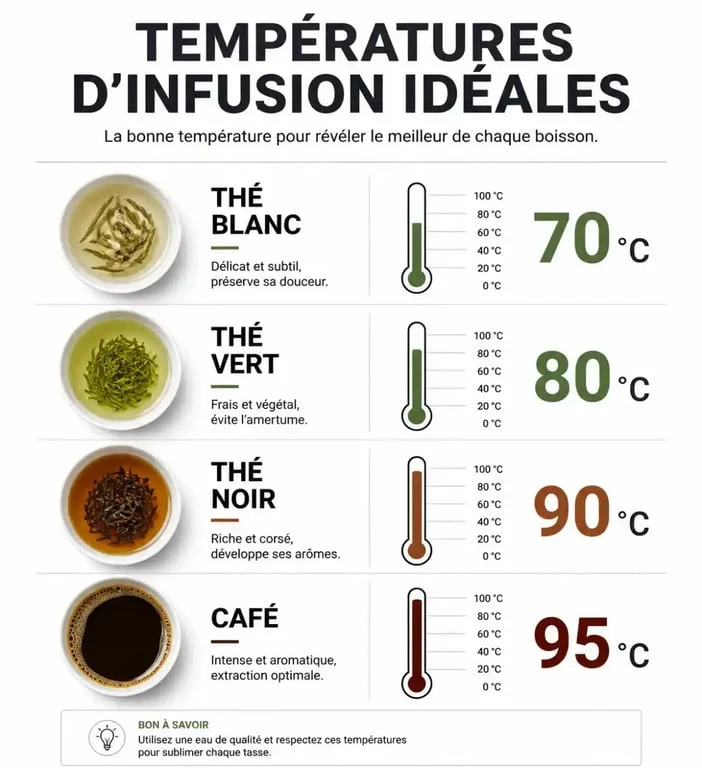 Infographie des températures idéales pour bouilloire à choix de température pour thé et café