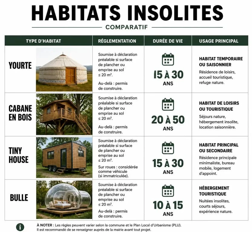 Tableau comparatif des différents types d'habitats insolites : cabanes, yourtes, tiny houses et bulles.