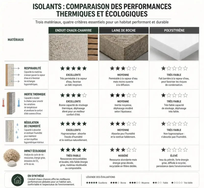 Comparatif des performances de l'enduit chaux chanvre extérieur par rapport aux isolants classiques
