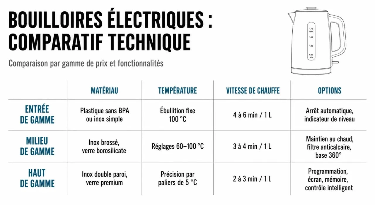 Tableau comparatif des caractéristiques techniques pour choisir la meilleure bouilloire électrique