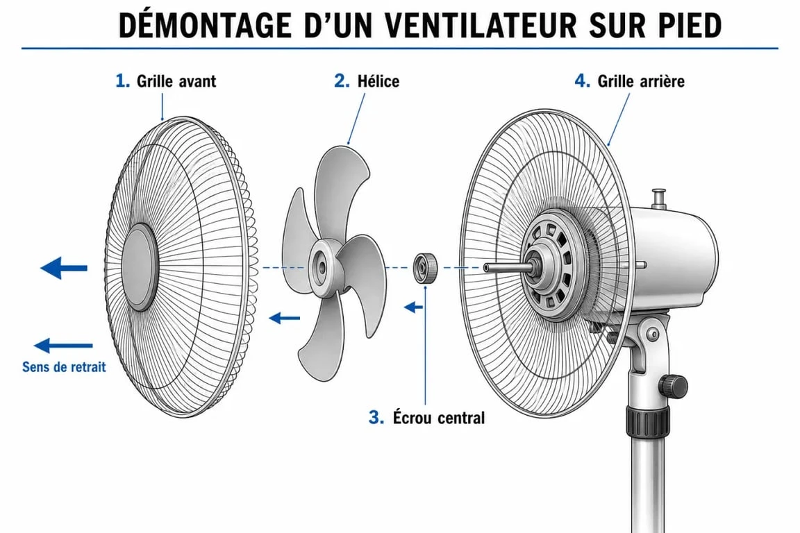 Schéma explicatif des étapes pour démonter un ventilateur sur pied en toute sécurité.