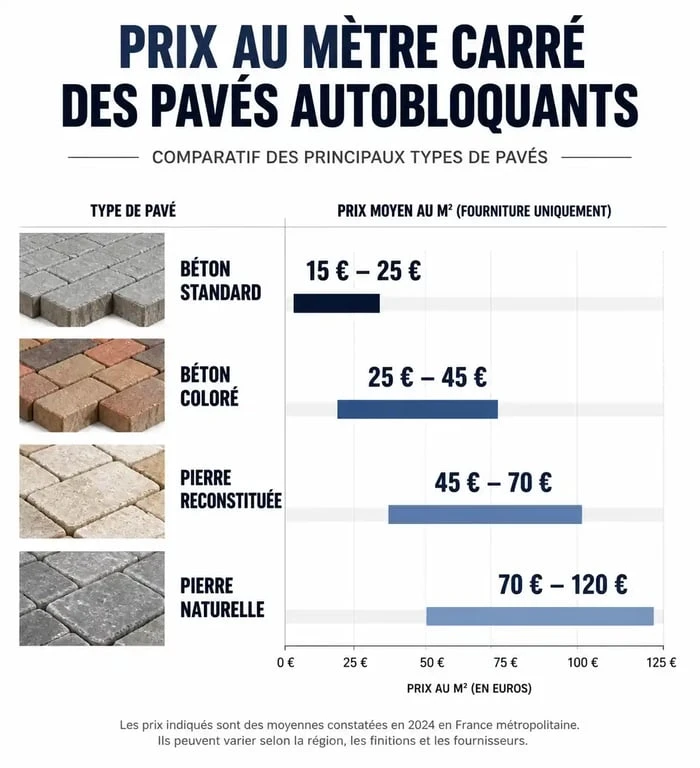 Infographie comparative des prix des pavés autobloquants par matériau et usage