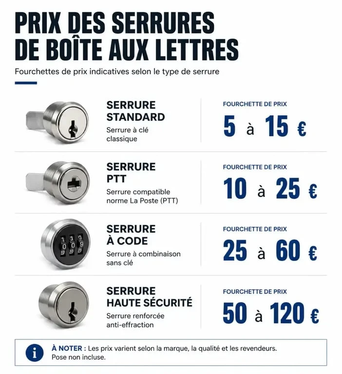 Tableau comparatif des prix des serrures de boîte aux lettres selon le type et la technologie