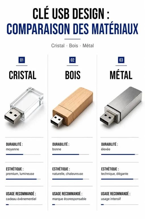 Infographie comparative des matériaux pour clé usb design : cristal, bois et métal