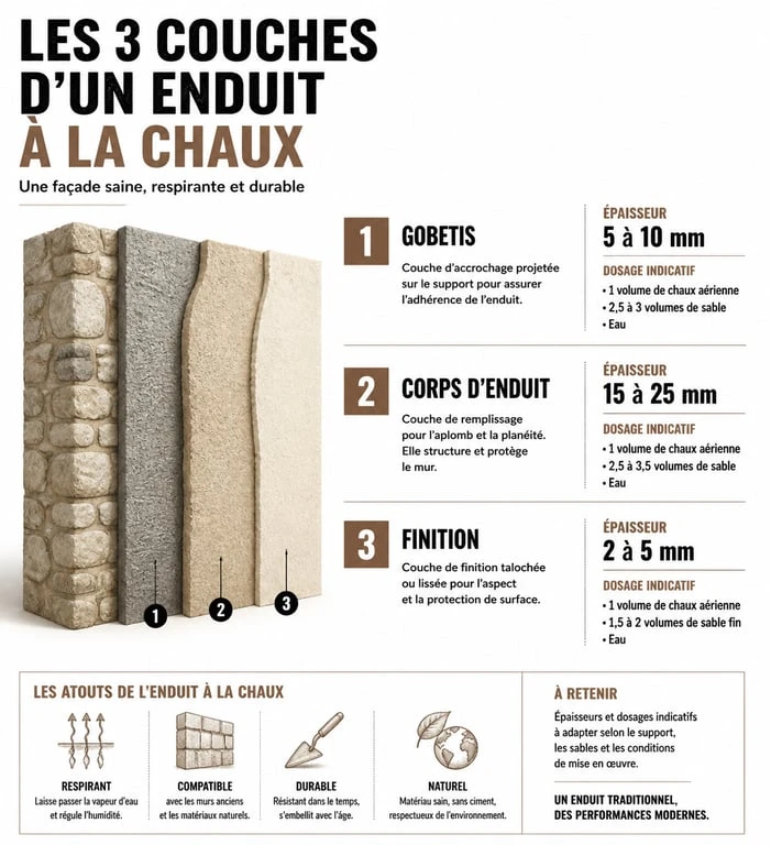 Infographie des étapes et dosages pour un enduit à la chaux façade