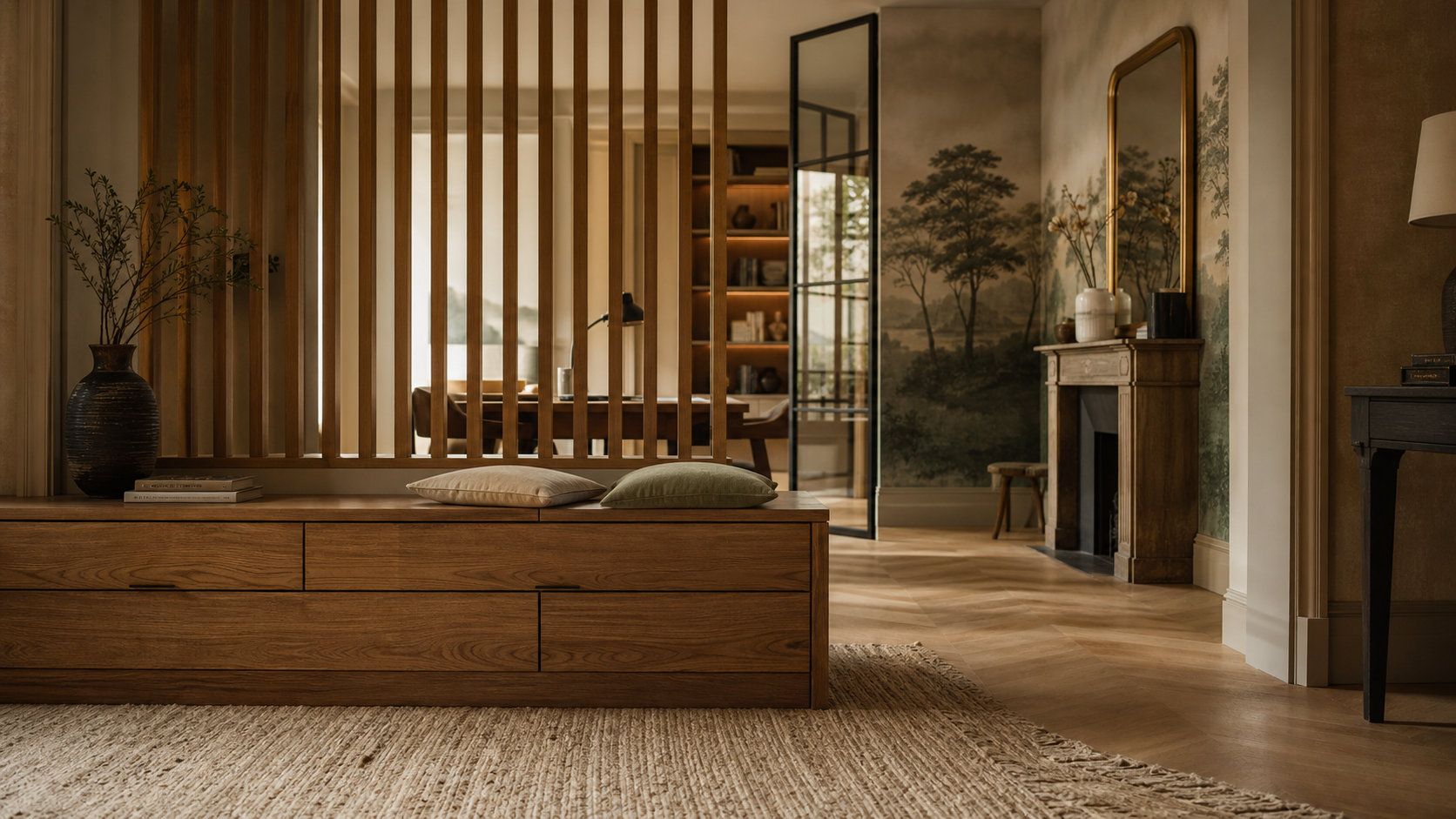 Idées déco maison intérieur : banquette intégrée, claustra et bureau vitré