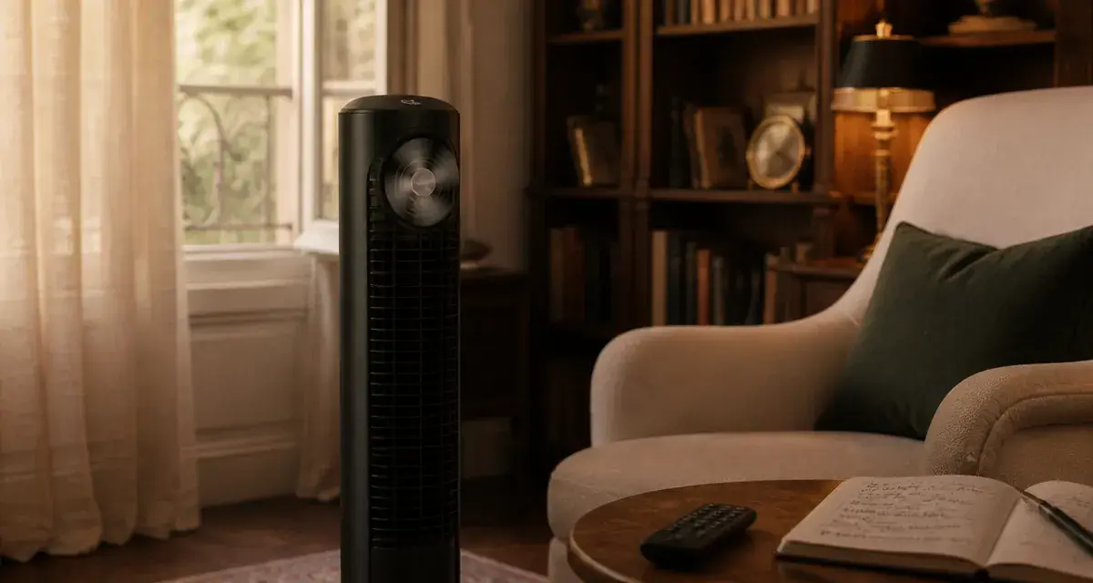 Ventilateur colonne noir dans un salon pour dormir et rafraîchir
