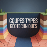 Coupe type géotechnique stylisée avec couches de sol et ouvrages