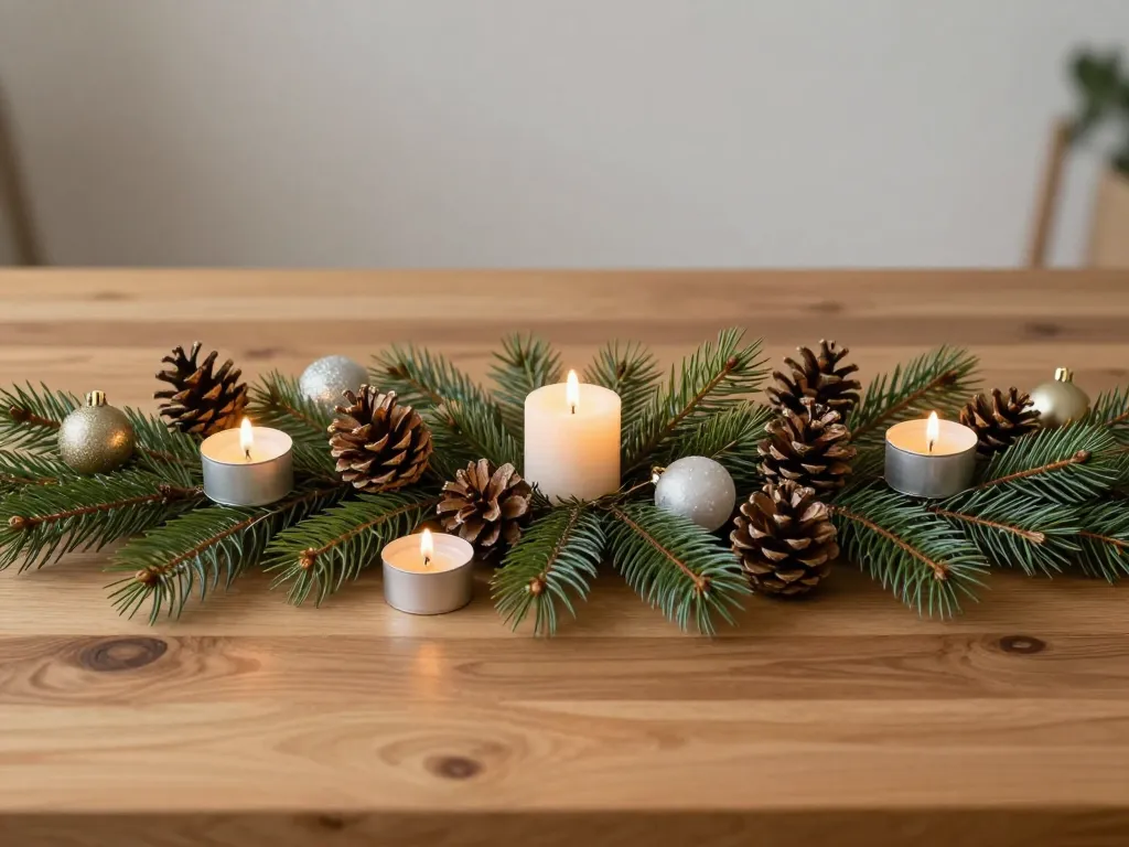 Deco table noel centre avec bougies et décorations naturelles