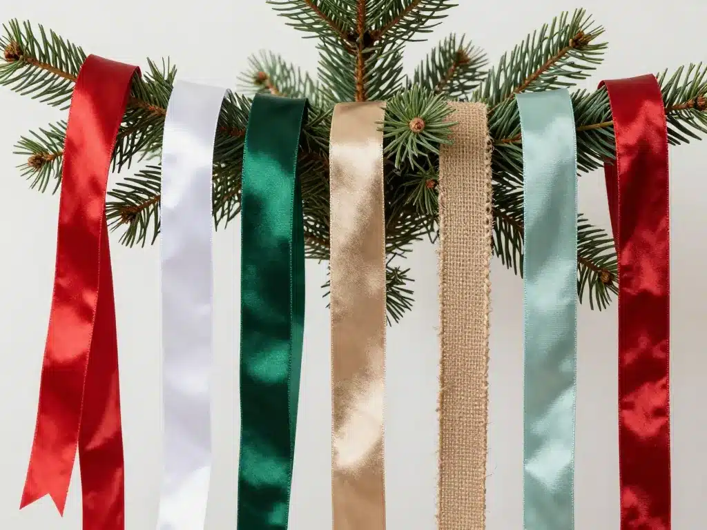 Différents rubans pour noeud sapin de noel sur une branche