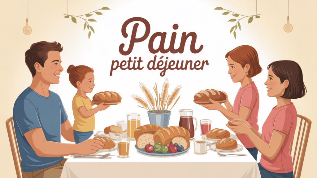 Famille partage pain pour petit déjeuner sur table ensoleillée