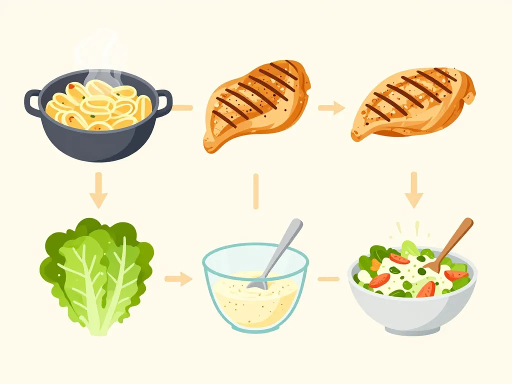 etapes preparation salade de pate au poulet cesar schema visuel