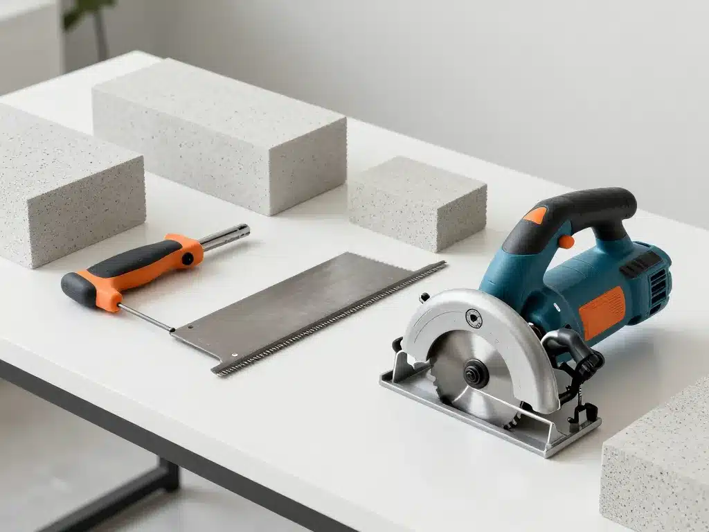 Outils pour couper du béton cellulaire alignés sur table