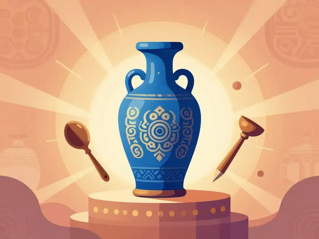 Illustration bouteille Classe Azul sur piédestal, motifs culturels mexicains