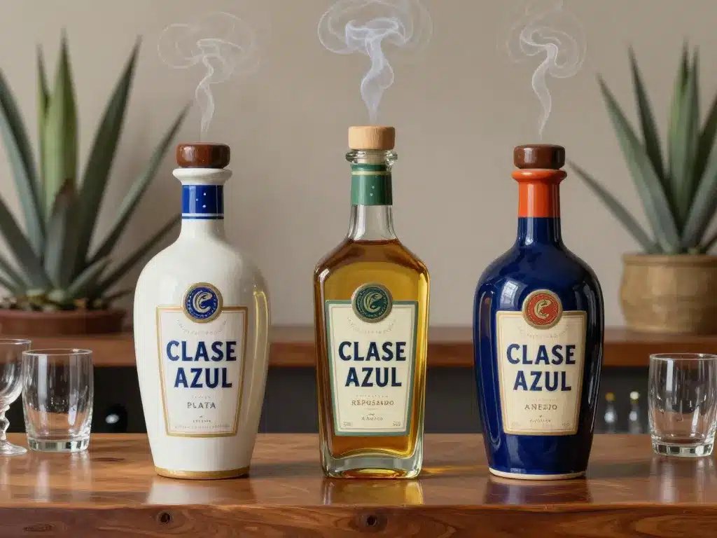 Trois bouteilles Classe Azul, gamme tequila, arômes distincts sur bar