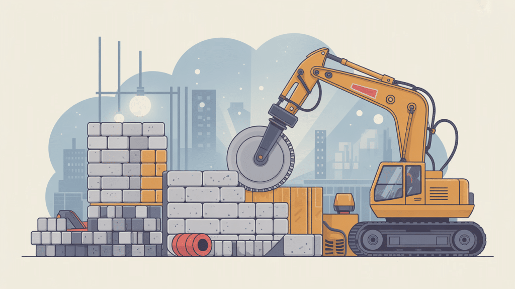 Illustration chantier pour couper du béton cellulaire avec outils