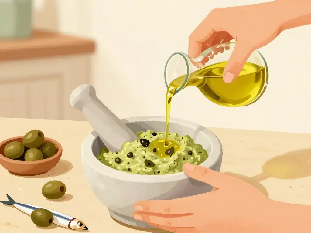 Préparation tapenade recette traditionnelle au mortier avec olives et huile