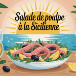 Salade de poulpe à la sicilienne illustrée sur table sicilienne