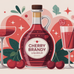 Illustration cherry brandy liqueur avec bouteille, cerises et ambiance élégante