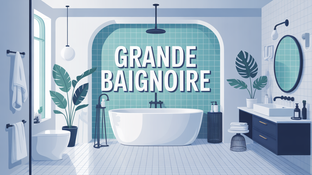 Grande baignoire centrale dans salle de bains moderne élégante