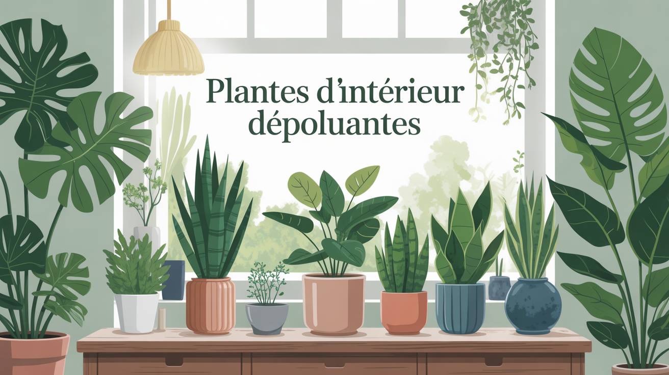 Illustration plantes d'interieur depolluante dans un salon moderne