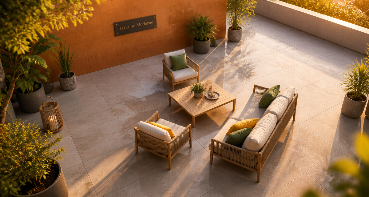 Carrelage terrasse moderne avec mobilier design