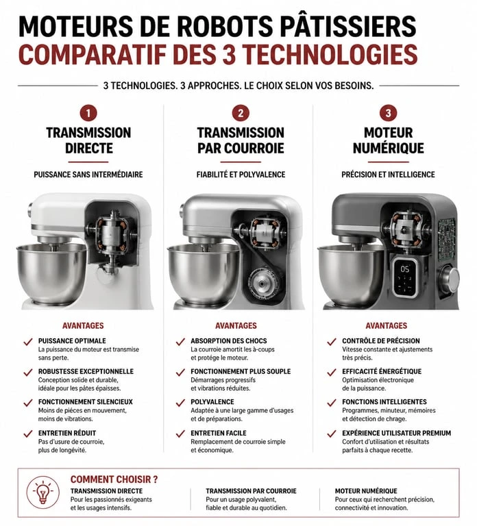 Infographie comparative des moteurs de robots pâtissiers pour choisir le meilleur modèle selon l'usage
