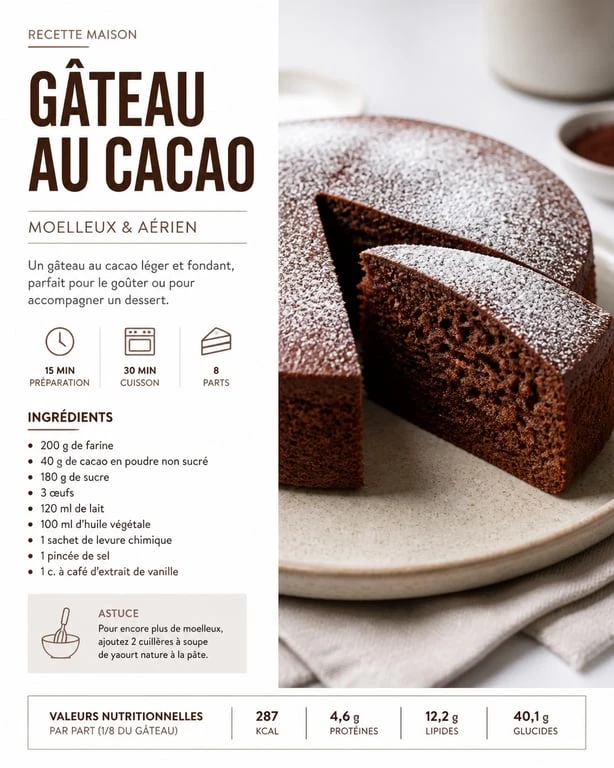 Gâteau au cacao moelleux et aérien fait maison