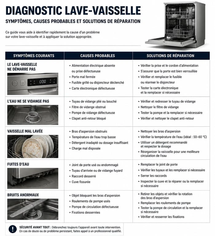 Infographie de diagnostic des pannes de lave-vaisselle : symptômes, causes et solutions