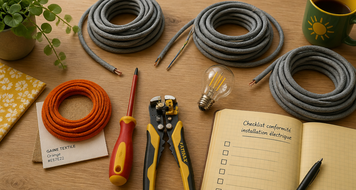 fil electrique gris textile et outils