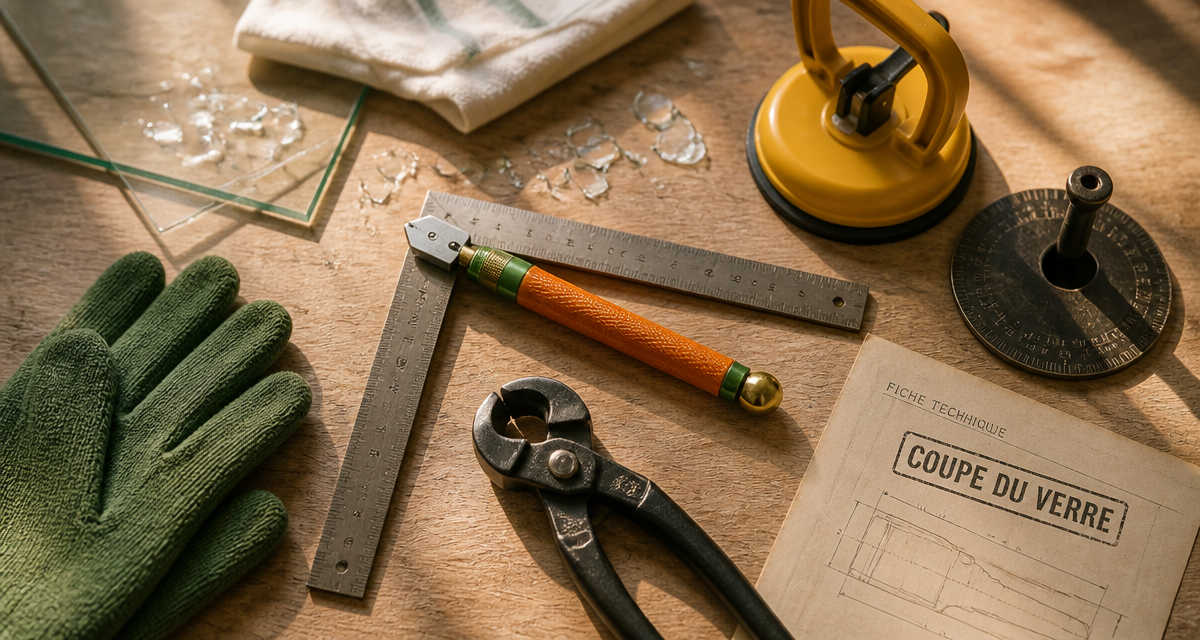 Outil à couper le verre, accessoires et éclats sur plan de travail