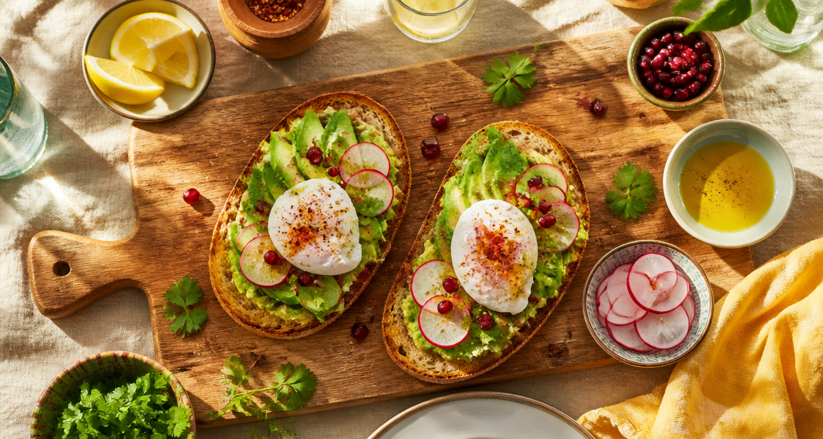 recettes toast avocat sur planche avec œuf et grenade